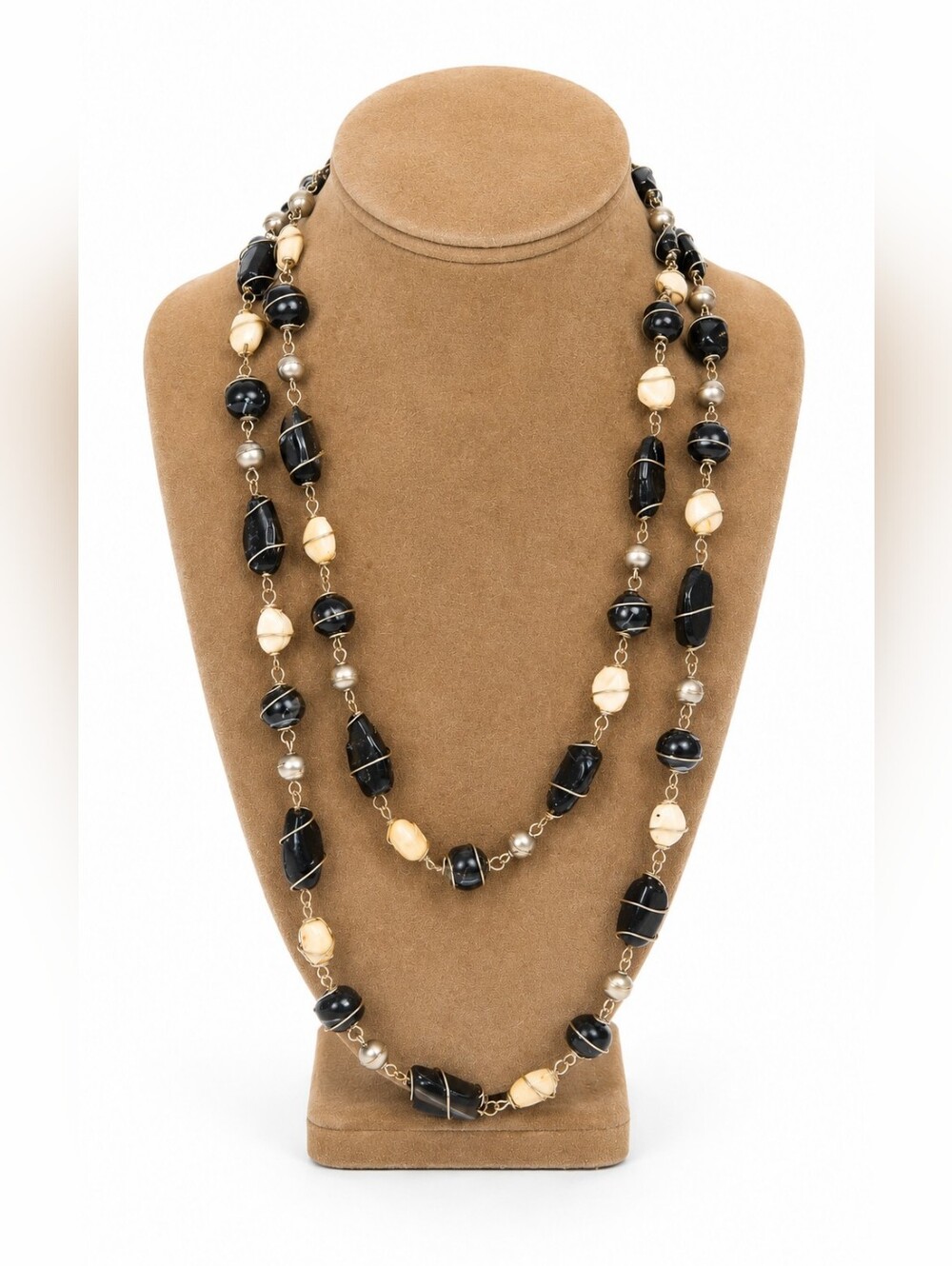 Onyx & Ivory Wire-Wrapped Glass Bead Long Necklace Boho Statement